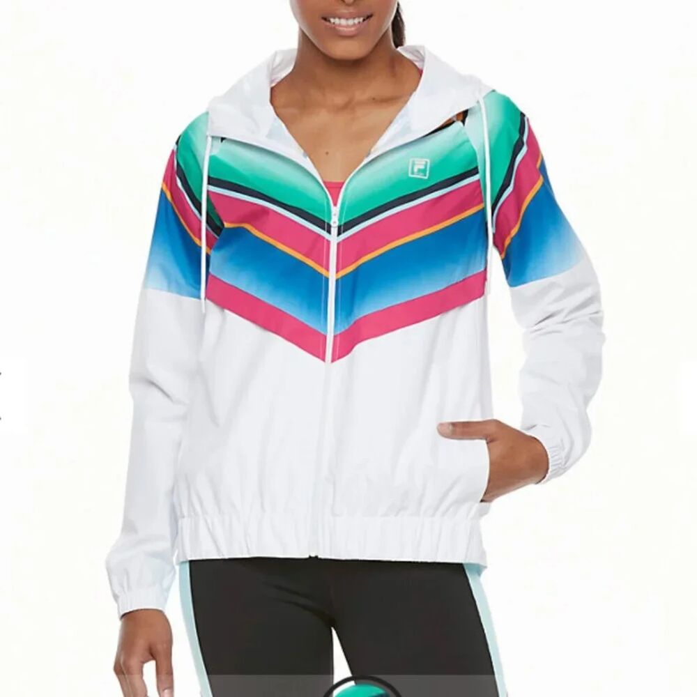 Fila Sport White Y2K Colorblock Windbreaker Med Zip Up Rain Jacket Retro